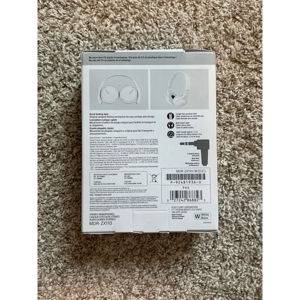 Sony MDR-ZX110 Wired On-Ear Headphones White Folding MDR-ZX110/WZUC